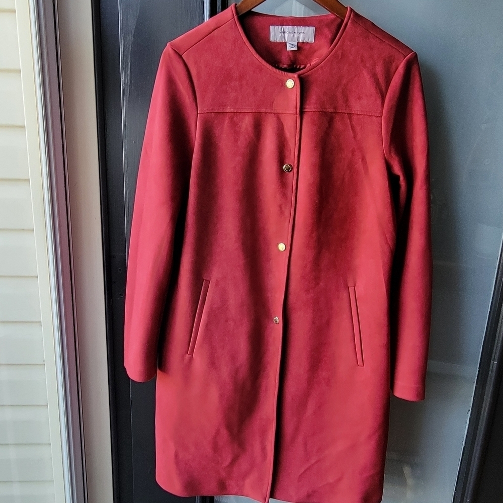 Marc New York Womens Red/Burgundy Button Up Faux Suede Knee Length Coat Small